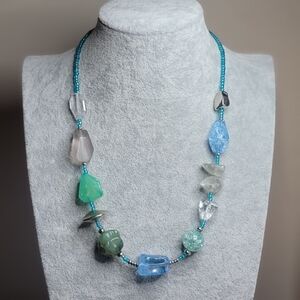 Treska Blue and Green Lucite/Acrylic and Glass Bead Necklace With Silver Accents